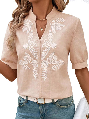 1752257 Loose Short Sleeves Flower-Embellished Contrast Color Split-Joint Stand Collar Blouses&Shirts Tops