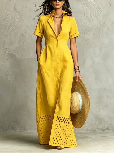 1784088 High Waisted Loose Buttoned Elasticity Hollow Pockets Solid Color Split-Front Lapel Maxi Dresses
