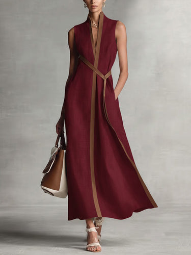 1775233 Loose Sleeveless Contrast Color Pockets Round-Neck Maxi Dresses