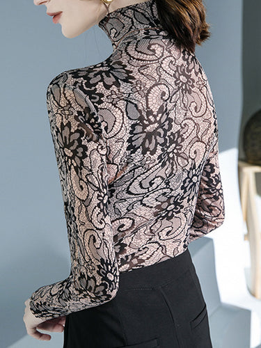 1726767 Long Sleeves Flower Print Pleated Mock Neck T-Shirts Tops