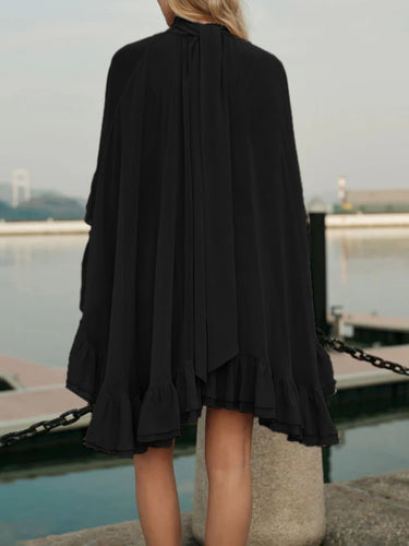 1755956 High Waisted Sleeveless Pleated Ruffled Solid Color Split-Joint Tied Mock Neck Mini Dresses Two Pieces Set