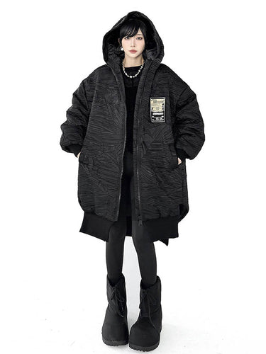1720045 High-Low Irregularity Abstract Printed Contrast Color Split-Joint Zipper Hooded Outerwear Overcoat