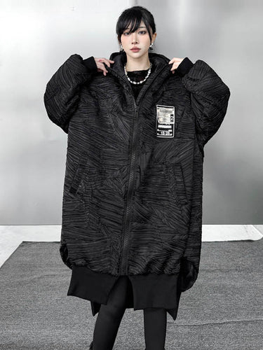 1720060 High-Low Irregularity Abstract Printed Contrast Color Split-Joint Zipper Hooded Outerwear Overcoat
