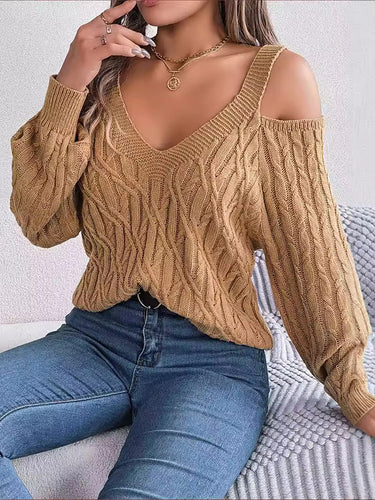1713605 Long Sleeves Loose Cable Knit Solid Color Cold Shoulder Sweater Tops