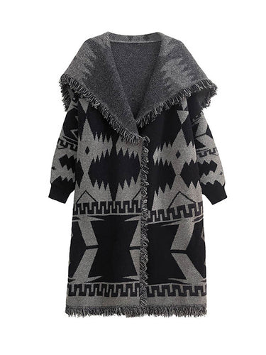 1720244 Long Sleeves Loose Contrast Color Geometric Split-Joint Tasseled Lapel Outerwear Overcoat