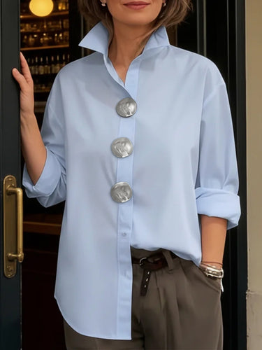 Langärmlige, locker sitzende Blusen in Unifarbe mit Knopfleiste und geteiltem Revers&Shirts Tops