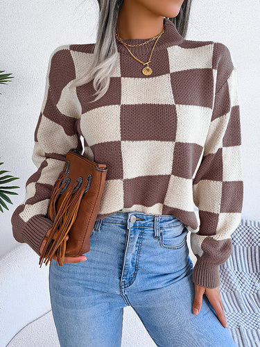 1713688 Long Sleeves Loose Contrast Color Plaid Round-Neck Sweater Tops