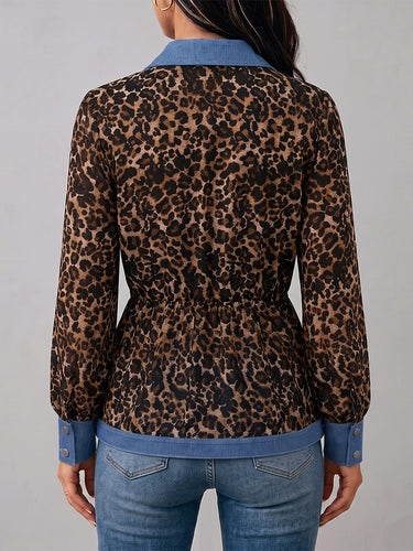 Long Sleeves Puff Sleeves Buttoned Contrast Color Leopard Pleated Split-Joint Lapel Blouses&Shirts Tops