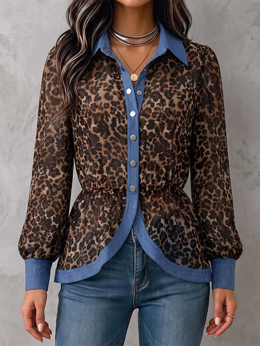 Long Sleeves Puff Sleeves Buttoned Contrast Color Leopard Pleated Split-Joint Lapel Blouses&Shirts Tops