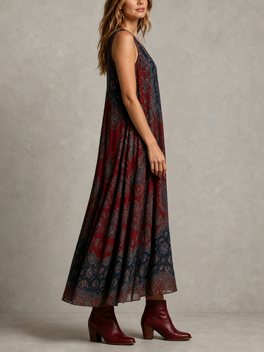 Loose Sleeveless Contrast Color Pleated Printed V-Neck Maxi Dresses