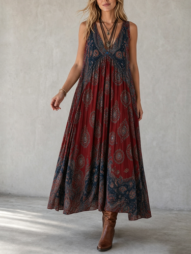 Loose Sleeveless Contrast Color Pleated Printed V-Neck Maxi Dresses