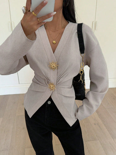 Tiered Solid Color Pleated Loose Long Sleeves V-neck Blouses&shirts Tops