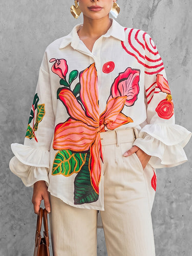 Flared Sleeves High-Low Buttoned Contrast Color Flower Print Lapel Blouses&Shirts Tops