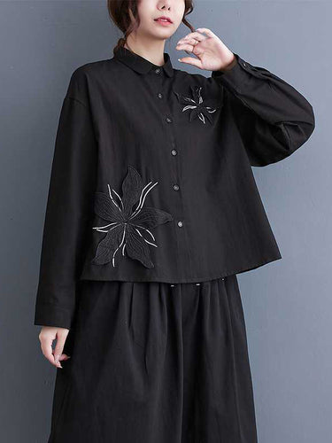 Maniche lunghe Applique sciolte abbottonate camicette e camicie ricamato