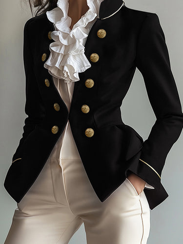 Long Sleeves Skinny Buttoned Solid Color Split-Joint Stand Collar Blazer Outerwear