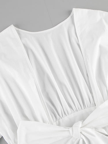 1742218 Elasticated Waist High Waisted Pleated Solid Color Split-Joint Tied Waist Round-Neck Blouses&Shirts Tops