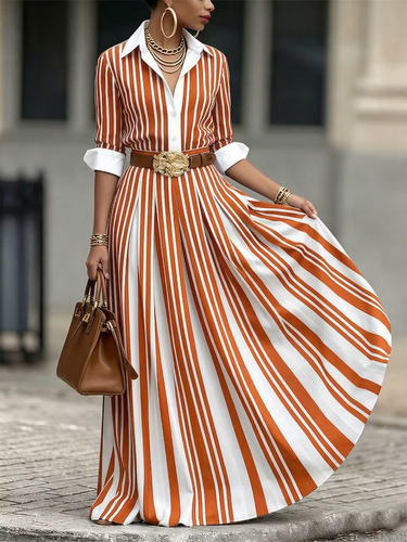 formal uoozee dresses Puff Sleeves Solid Color Split-Joint Round-Neck Maxi Dresses Shirt Dress