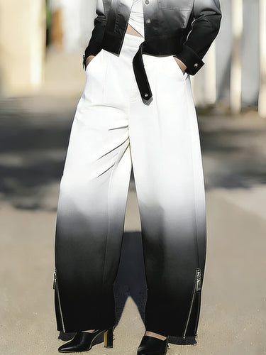 Wide Leg Gradient Pockets Zipper Pants Trousers