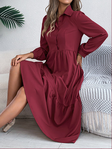 1713697 High Waisted Long Sleeves Pleated Ruffled Solid Color Lapel Midi Dresses Shirt Dress