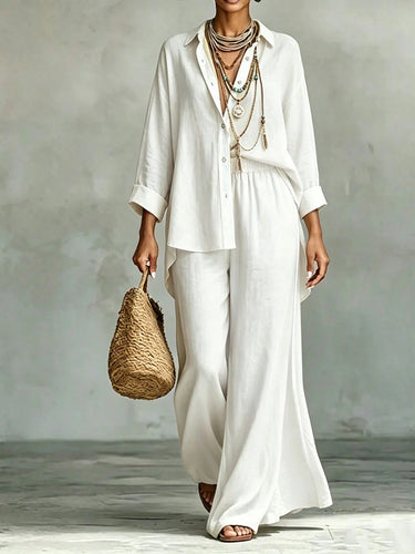 1783422 Long Sleeves Loose Buttoned Elasticity Solid Color Lapel Blouse Top + Pants Bottom Two Pieces Set