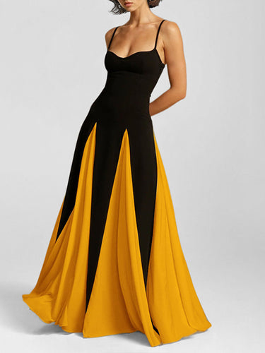 1785365 A-Line High Waisted Contrast Color Split-Joint Spaghetti-Neck Maxi Dresses