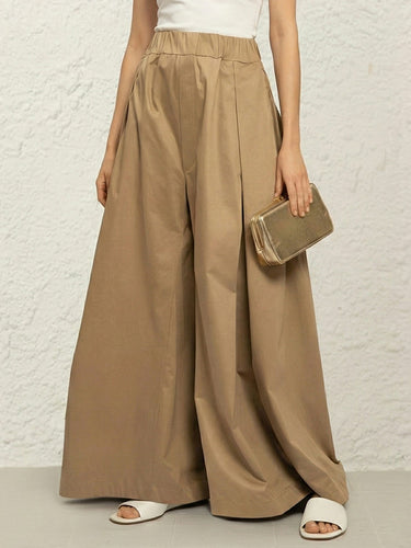 Elasticated Waist High Waisted Pleated Pockets Solid Color Pants
