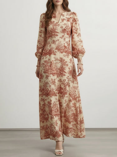 1745590 Elasticated Waist High Waisted Contrast Color Pleated Printed Split-Joint V-Neck Maxi Dresses