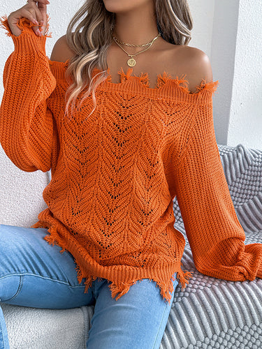 1713315 Long Sleeves Hollow Knitted Leaves Ribbed Knit See-Through Solid Color Off-The-Shoulder Sweater Tops
