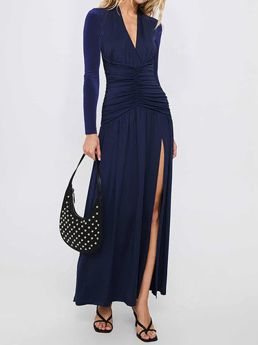 1718279 A-Line Bodycon Pleated Solid Color Split-Joint Split-Side Deep V-Neck Maxi Dresses