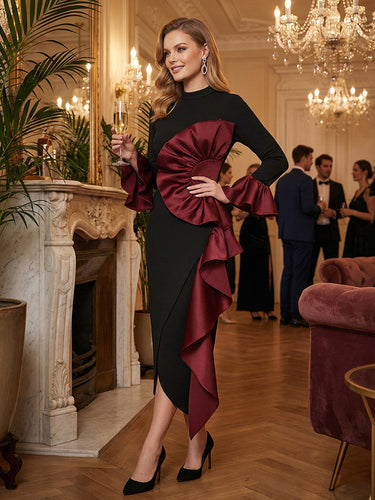 Bodycon Flared Sleeves Asymmetric Contrast Color Ruffled Zipper Stand Collar Midi Dresses