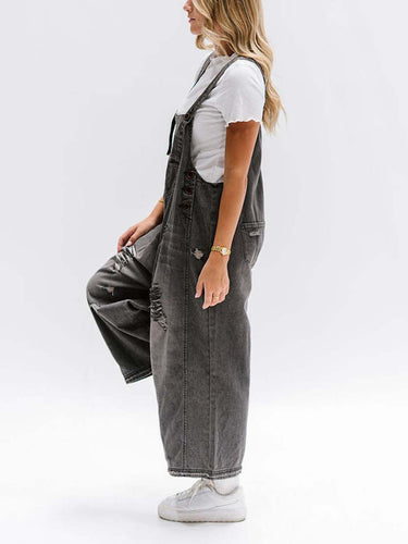 1783231 Cropped Wide Leg Buttoned Pockets Solid Color Adjustable Straps Overalls