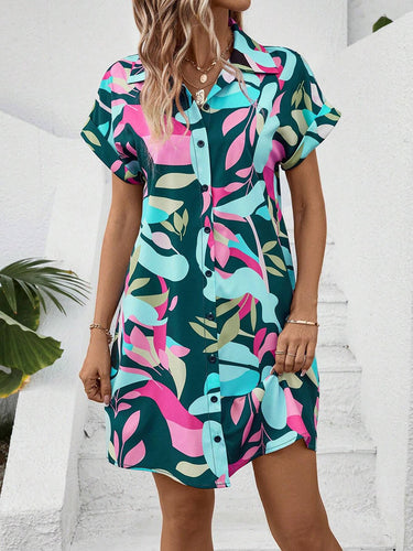 1780324 Short Sleeves Buttoned Contrast Color Printed Lapel Mini Dresses Shirt Dress