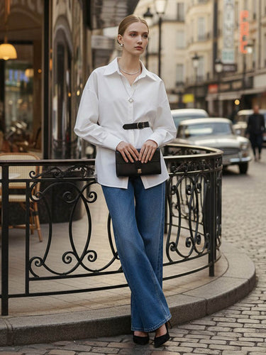 1754563 Long Sleeves Loose Belted Buttoned Contrast Color Split-Joint Lapel Blouses&Shirts Tops