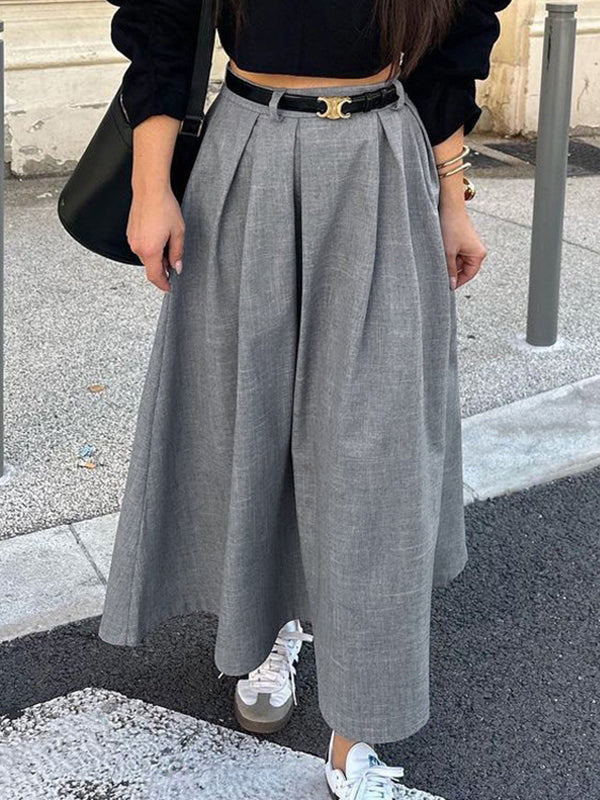 No Belt Pleated Solid Color Loose Skirts Bottoms