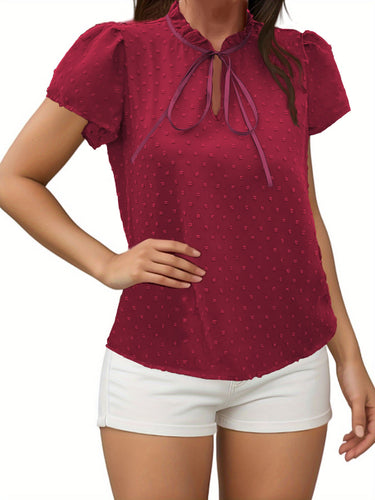1783458 Puff Sleeves Short Sleeves Falbala Lace-Up Solid Color Blouses&Shirts Tops