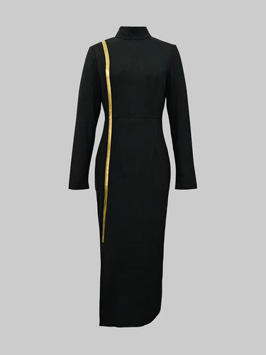 Bodycon Long Sleeves Asymmetric Split-Joint High Neck Maxi Dresses
