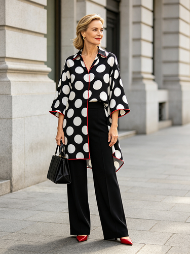 1788901 Split-front Split-Joint Polka Dot Contrast Color Three-quarter Sleeves Loose V-neck Blouses&shirts Tops