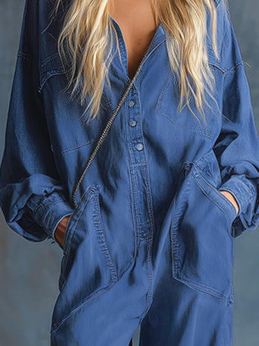 1759209 Long Sleeves Loose Buttoned Pockets Solid Color Hooded Jumpsuits
