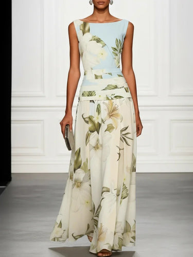 1780773 A-Line High Waisted Flower Print Pleated Split-Joint Zipper Round-Neck Maxi Dresses