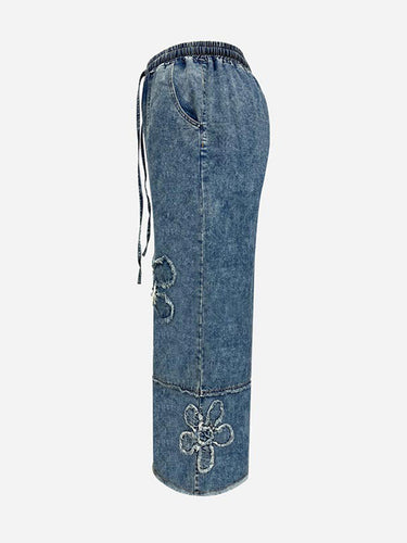 1772568 Cintura alta solta cordão elasticidade forma de flor franjas cor sólida calças jeans bottoms