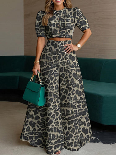 1783684 High Waisted Loose Buttoned Leopard Round-Neck Blouses Top + Pants Bottom Two Pieces Set