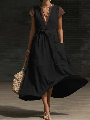 1786686 High Waisted Loose Contrast Color Pockets Tied Waist V-Neck Maxi Dresses