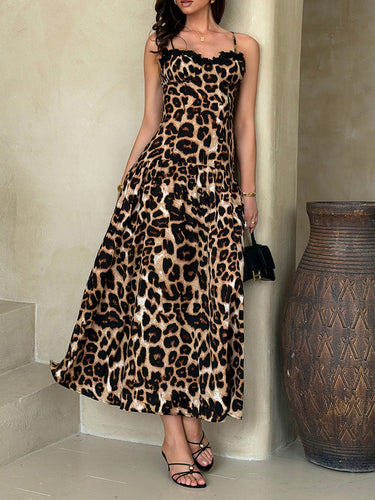 1772972 A-Linien-Midikleid mit hoher Taille und kontrastierendem Leopardenmuster, plissiert, geteilte Nähte und Spaghetti-Ausschnitt