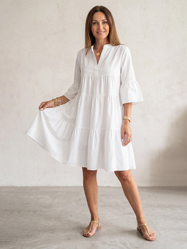 1786701 Flared Sleeves Loose Pleated Solid Color Split-Joint V-Neck Midi Dresses