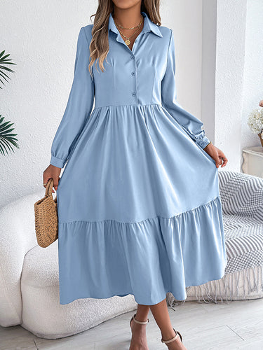 1713680 High Waisted Long Sleeves Pleated Ruffled Solid Color Lapel Midi Dresses Shirt Dress