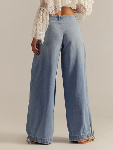 1778356 High Waisted Wide Leg Buttoned Drawstring Elasticity Pleated Pockets Solid Color Jean Pants Bottoms