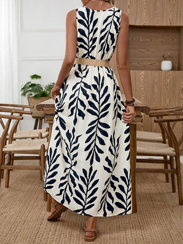 1768471 High Waisted Sleeveless Belt Buckle Buttoned Contrast Color Leaves Print V-Neck Maxi Dresses