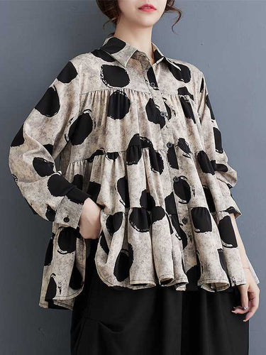 Mangas compridas largas de polka-dot de bolinhas divididas em blusas de lapela