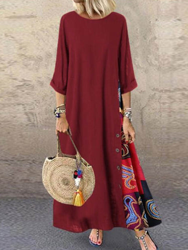 1782331 Loose Plus Size Buttoned Contrast Color Printed Split-Joint Round-Neck Midi Dresses