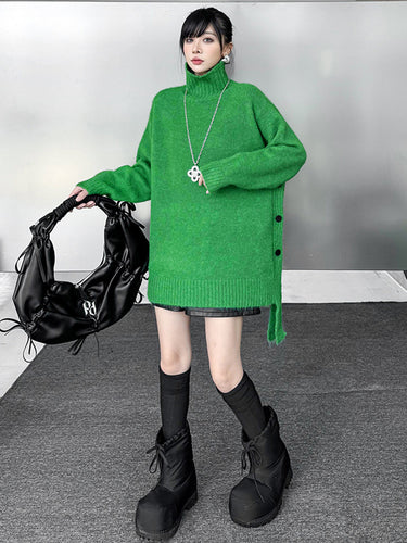 1734806 Irregularity Long Sleeves Buttoned Ribs Solid Color Split-Joint High Neck Sweater Tops